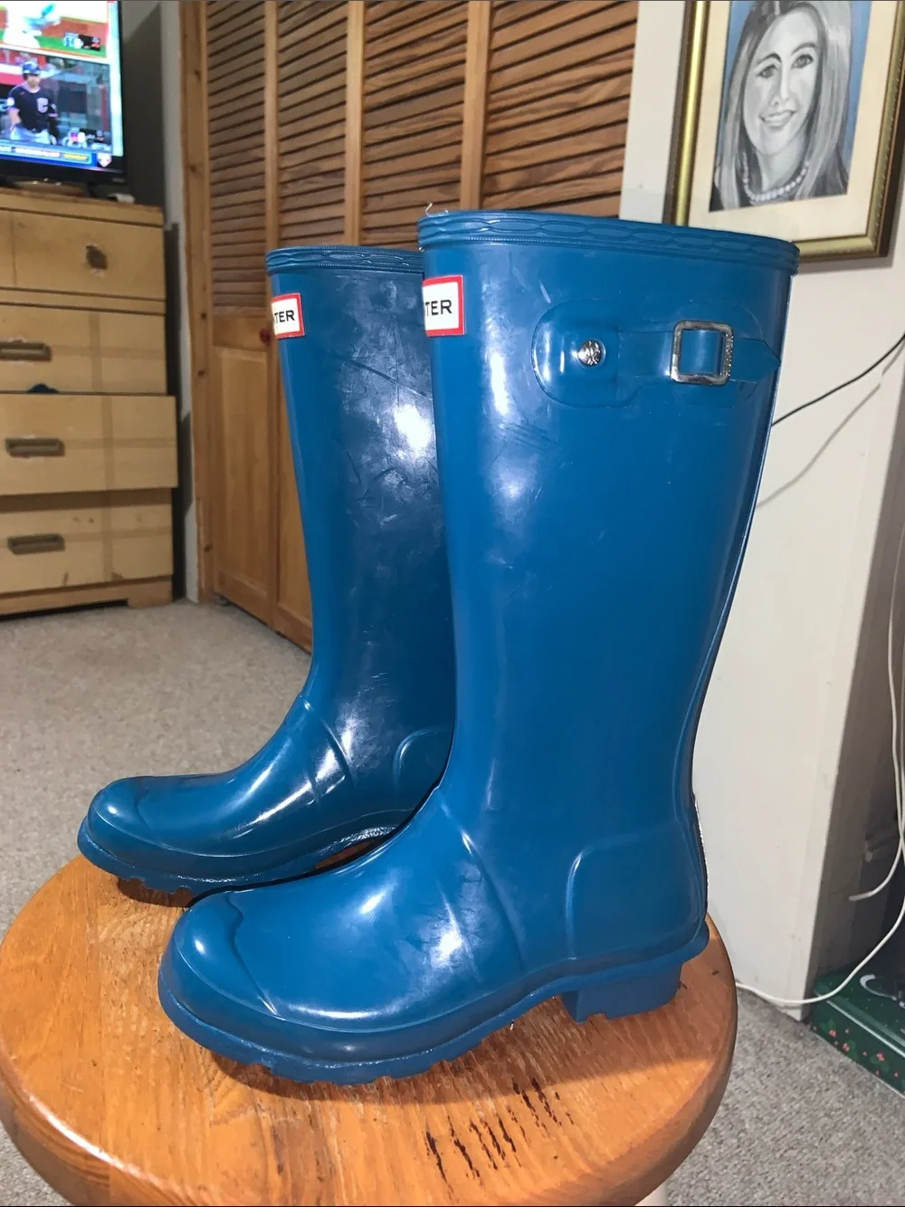 Hunter Glossy Teal Rain Boots child size US 1 boy or girl wellies